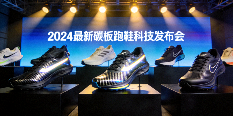 最新碳板跑鞋科技发布会现场，多款跑鞋陈列在灯光下